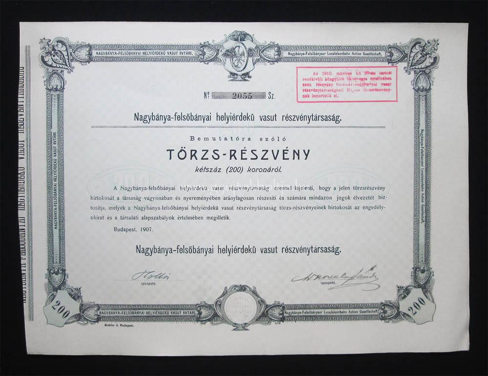 Nagybánya-Felsõbányai H. É. Vasút 200 korona 1907 (ROU)